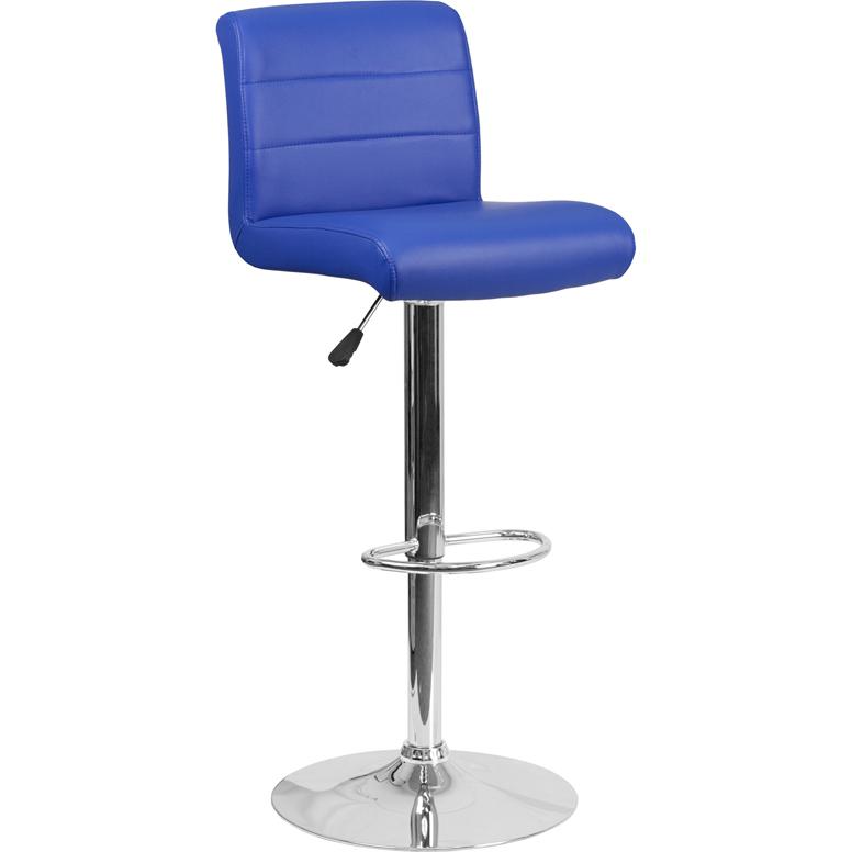 Blue Vinyl Adjustable Height Barstool with Rolled Seat and Chrome Base. Picture 1