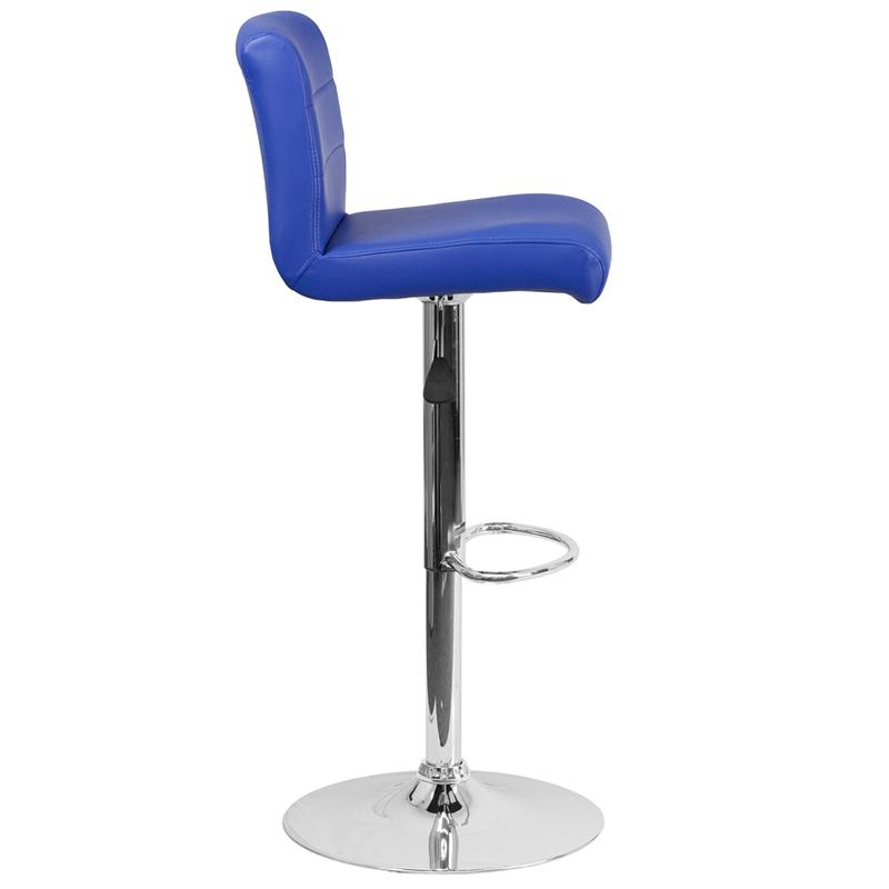 Blue Vinyl Adjustable Height Barstool with Rolled Seat and Chrome Base. Picture 2
