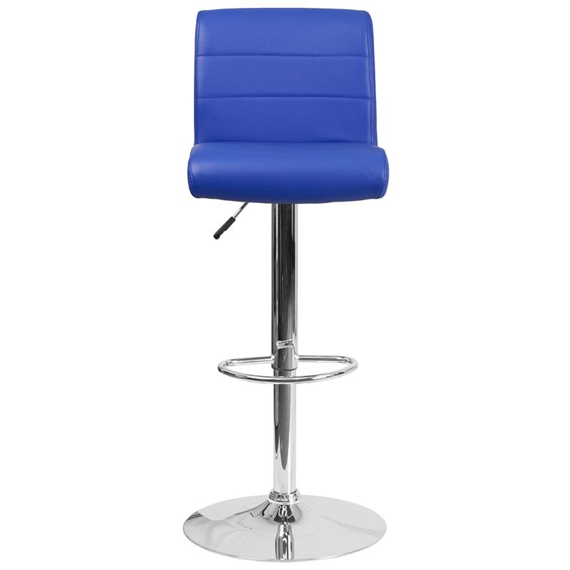 Blue Vinyl Adjustable Height Barstool with Rolled Seat and Chrome Base. Picture 4