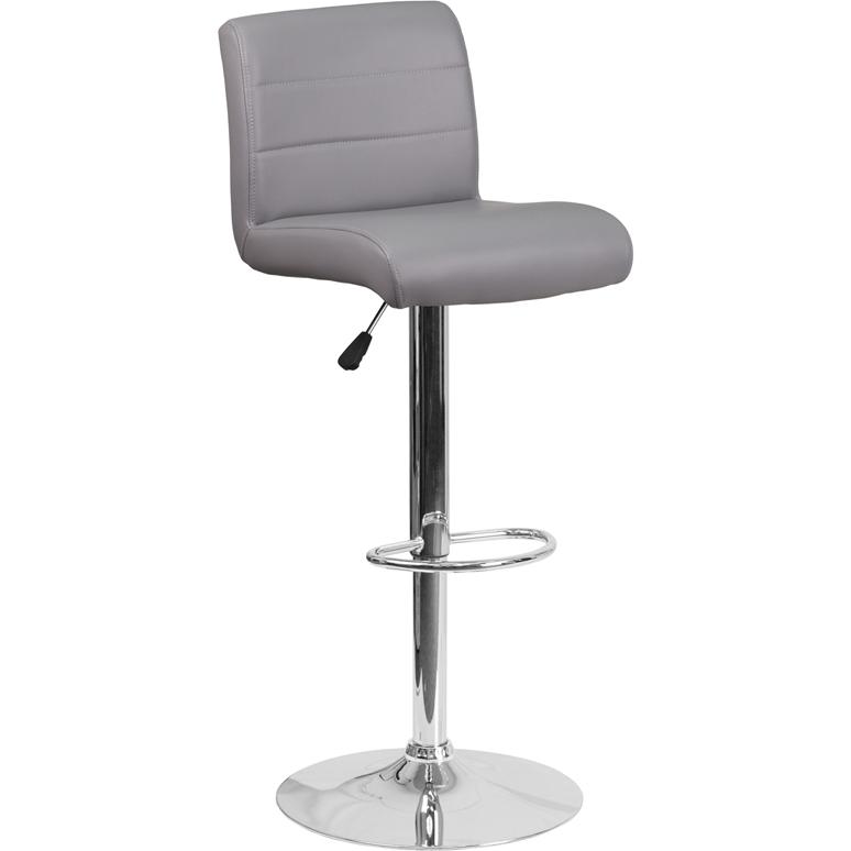 Gray Vinyl Adjustable Height Barstool with Rolled Seat and Chrome Base. Picture 1