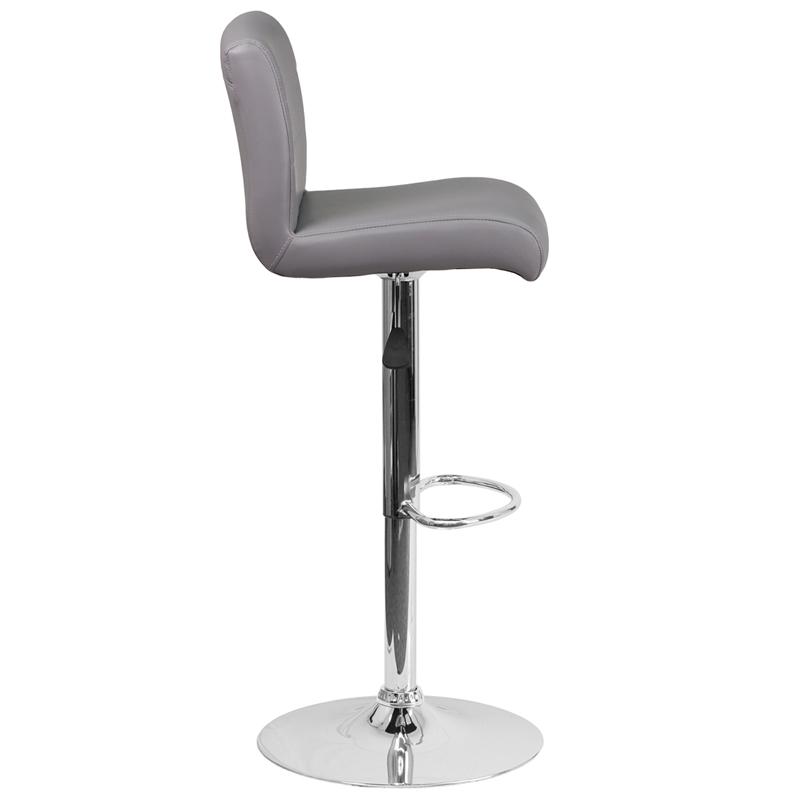 Gray Vinyl Adjustable Height Barstool with Rolled Seat and Chrome Base. Picture 2