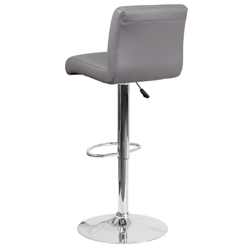 Gray Vinyl Adjustable Height Barstool with Rolled Seat and Chrome Base. Picture 3