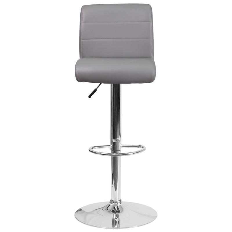 Gray Vinyl Adjustable Height Barstool with Rolled Seat and Chrome Base. Picture 4