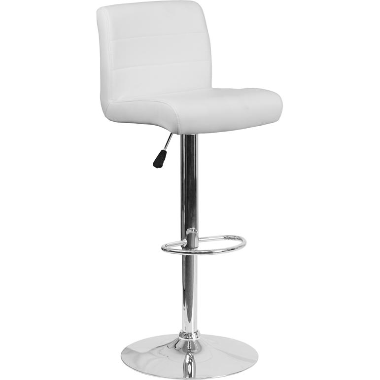 Contemporary White Vinyl Adjustable Height Barstool with Rolled Seat and Chrome Base. The main picture.