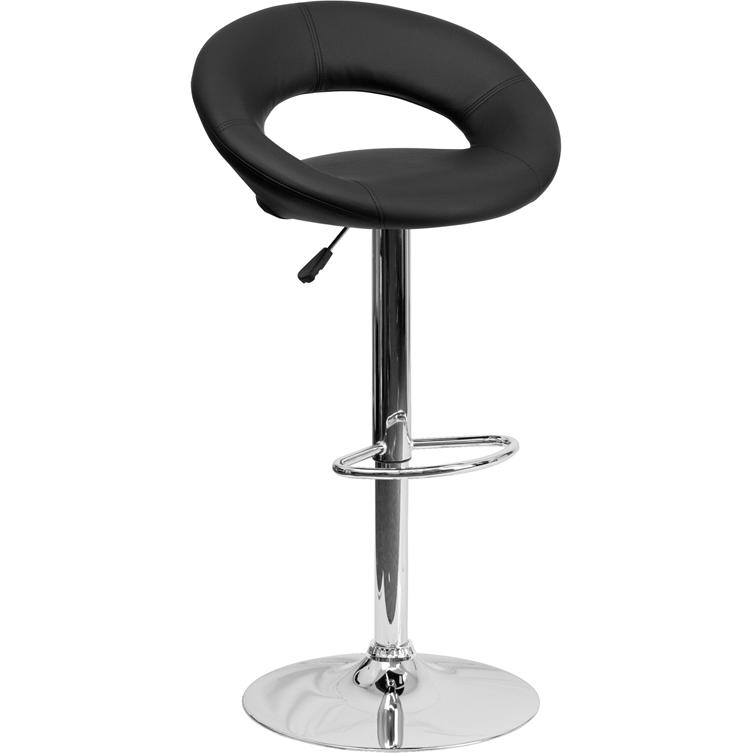 Contemporary Black Vinyl Rounded Orbit-Style Back Adjustable Height Barstool with Chrome Base. The main picture.