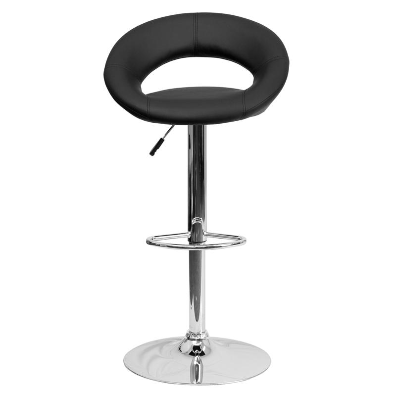 Contemporary Black Vinyl Rounded Orbit-Style Back Adjustable Height Barstool with Chrome Base. Picture 4