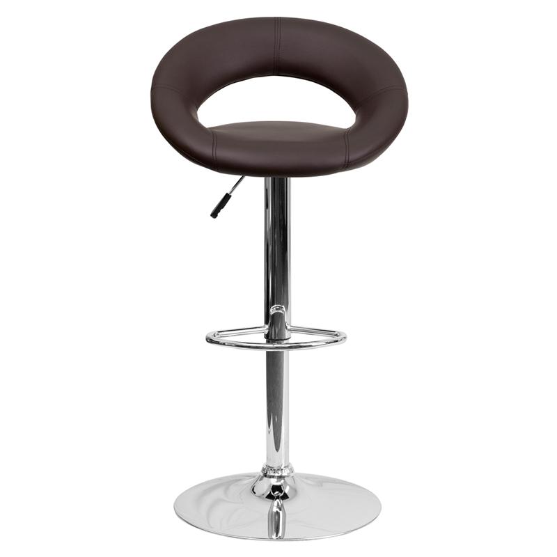 Contemporary Brown Vinyl Rounded Orbit-Style Back Adjustable Height Barstool with Chrome Base. Picture 4