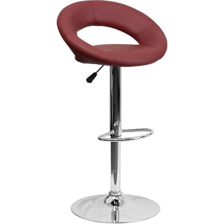 Contemporary Burgundy Vinyl Rounded Orbit-Style Back Adjustable Height Barstool with Chrome Base. The main picture.