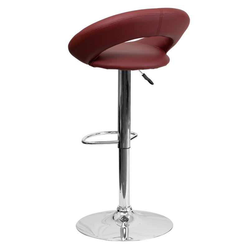 Contemporary Burgundy Vinyl Rounded Orbit-Style Back Adjustable Height Barstool with Chrome Base. Picture 3