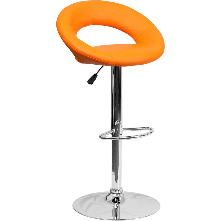 Orange Vinyl Rounded Orbit-Back Adjustable Height Barstool with Chrome Base. Picture 1