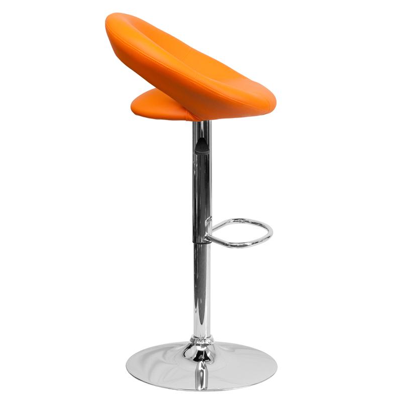 Orange Vinyl Rounded Orbit-Back Adjustable Height Barstool with Chrome Base. Picture 2