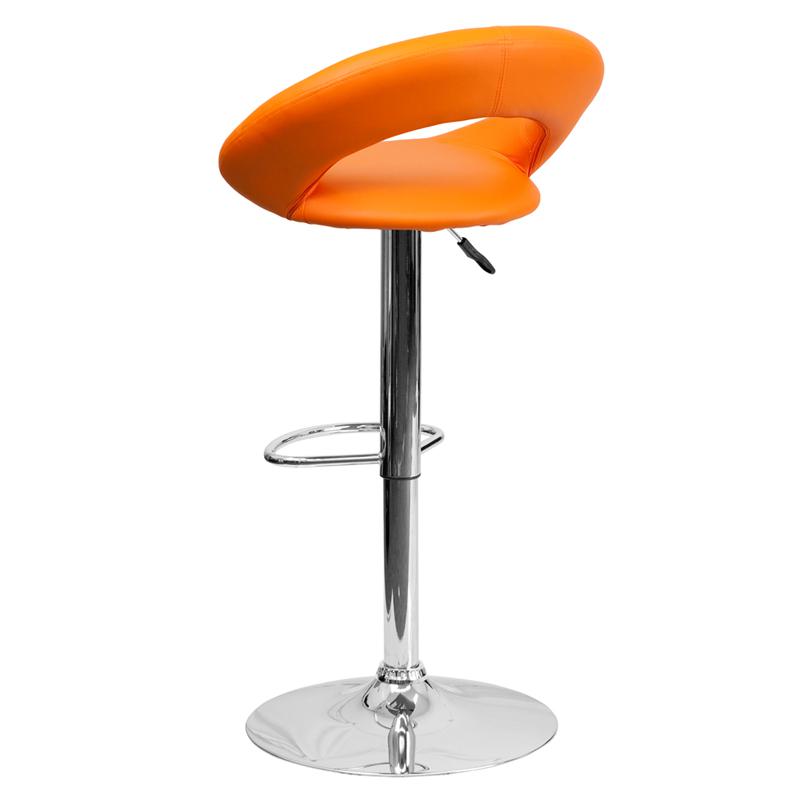 Orange Vinyl Rounded Orbit-Back Adjustable Height Barstool with Chrome Base. Picture 3