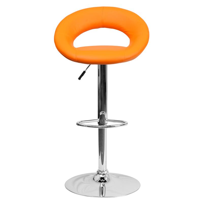 Orange Vinyl Rounded Orbit-Back Adjustable Height Barstool with Chrome Base. Picture 4