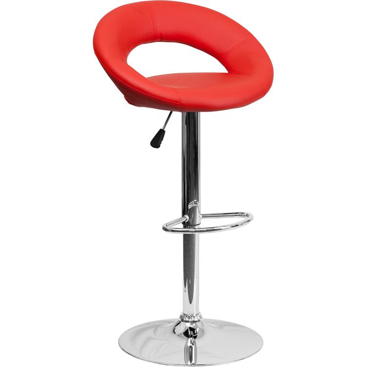 Contemporary Red Vinyl Rounded Orbit-Style Back Adjustable Height Barstool with Chrome Base. The main picture.