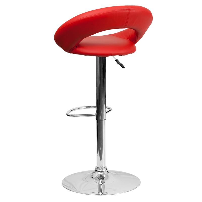 Contemporary Red Vinyl Rounded Orbit-Style Back Adjustable Height Barstool with Chrome Base. Picture 3