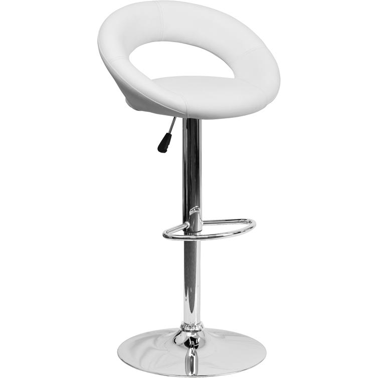White Vinyl Rounded Orbit-Style Back Adjustable Height Barstool with Chrome Base. Picture 1