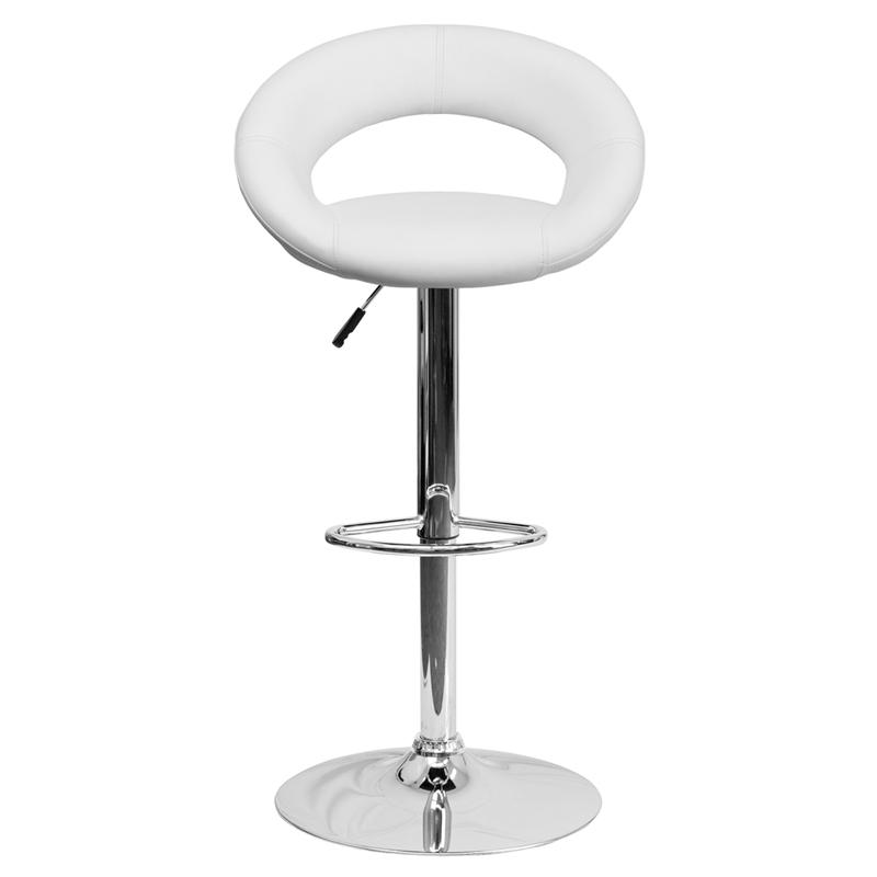 White Vinyl Rounded Orbit-Style Back Adjustable Height Barstool with Chrome Base. Picture 4