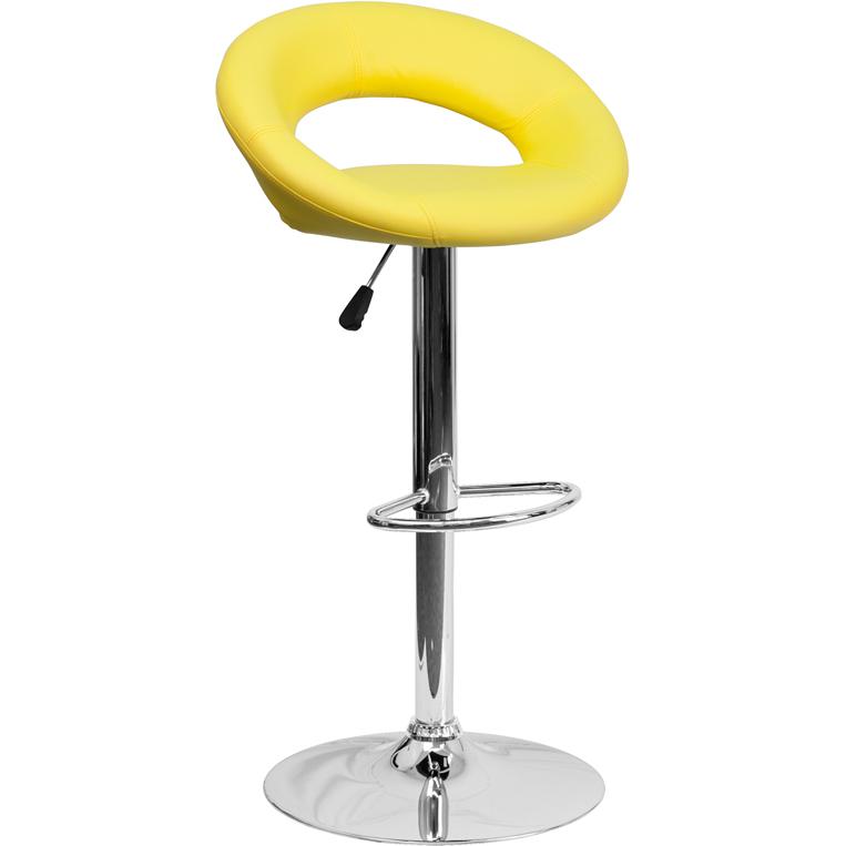 Contemporary Yellow Vinyl Rounded Orbit-Style Back Adjustable Height Barstool with Chrome Base. Picture 1