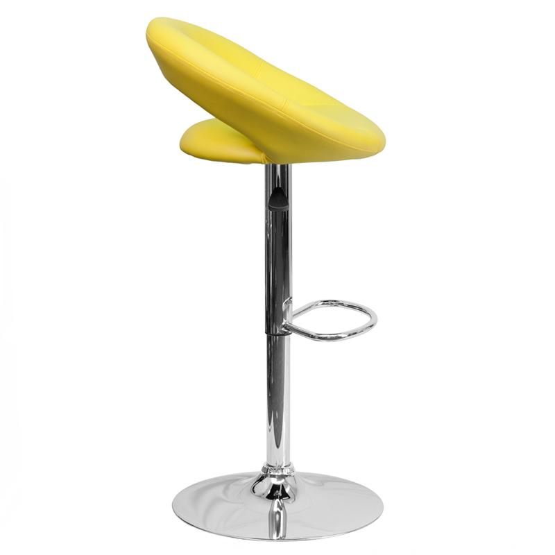 Contemporary Yellow Vinyl Rounded Orbit-Style Back Adjustable Height Barstool with Chrome Base. Picture 2