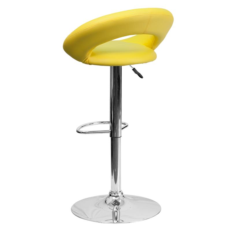 Contemporary Yellow Vinyl Rounded Orbit-Style Back Adjustable Height Barstool with Chrome Base. Picture 3