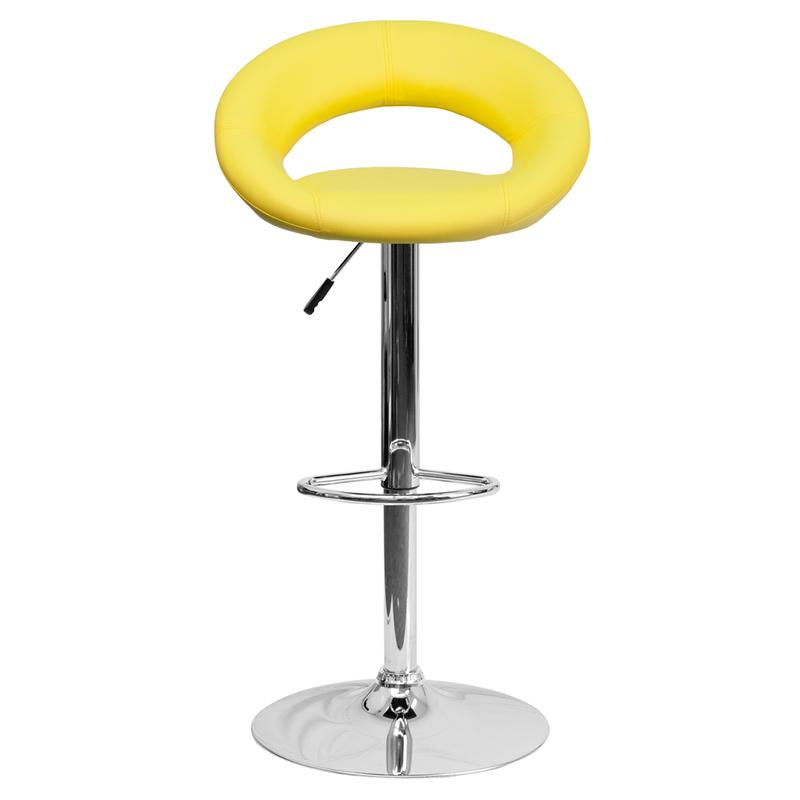 Contemporary Yellow Vinyl Rounded Orbit-Style Back Adjustable Height Barstool with Chrome Base. Picture 4