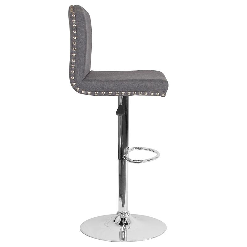Bellagio Contemporary Adjustable Height Barstool with Accent Nail Trim in Dark Gray Fabric. Picture 2