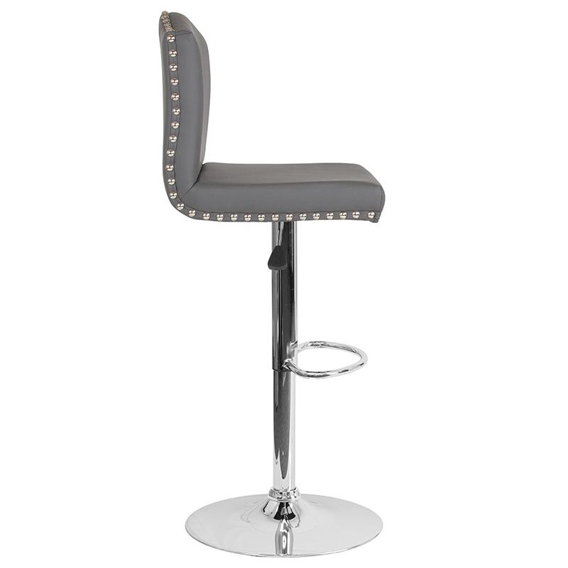 Bellagio Contemporary Adjustable Height Barstool with Accent Nail Trim in Gray LeatherSoft. Picture 2