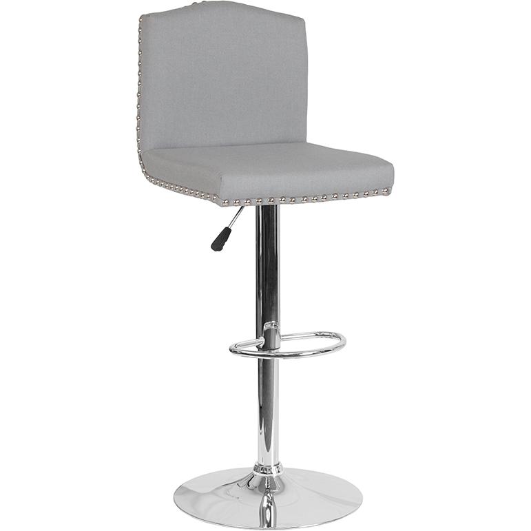 Bellagio Contemporary Adjustable Height Barstool with Accent Nail Trim in Light Gray Fabric. Picture 1