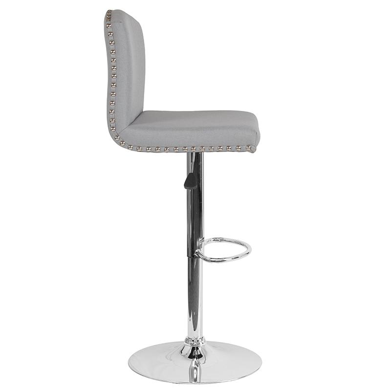 Bellagio Contemporary Adjustable Height Barstool with Accent Nail Trim in Light Gray Fabric. Picture 2