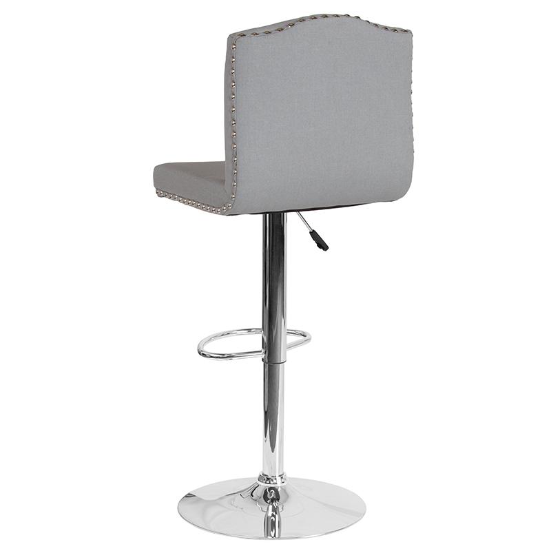 Bellagio Contemporary Adjustable Height Barstool with Accent Nail Trim in Light Gray Fabric. Picture 3