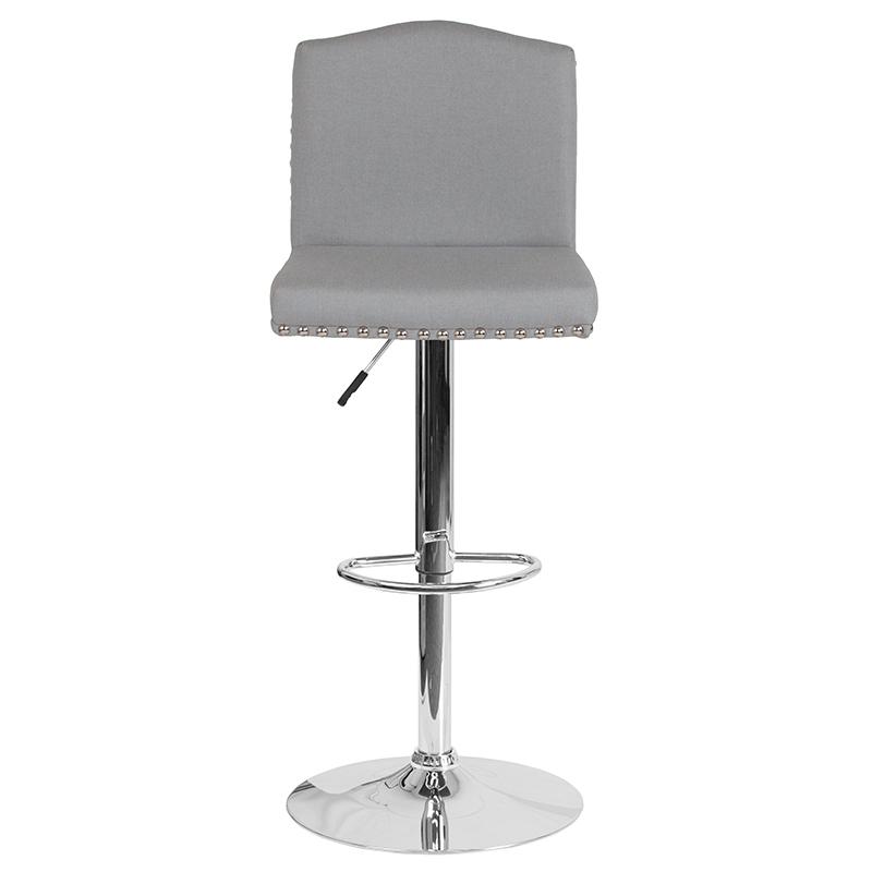 Bellagio Contemporary Adjustable Height Barstool with Accent Nail Trim in Light Gray Fabric. Picture 4