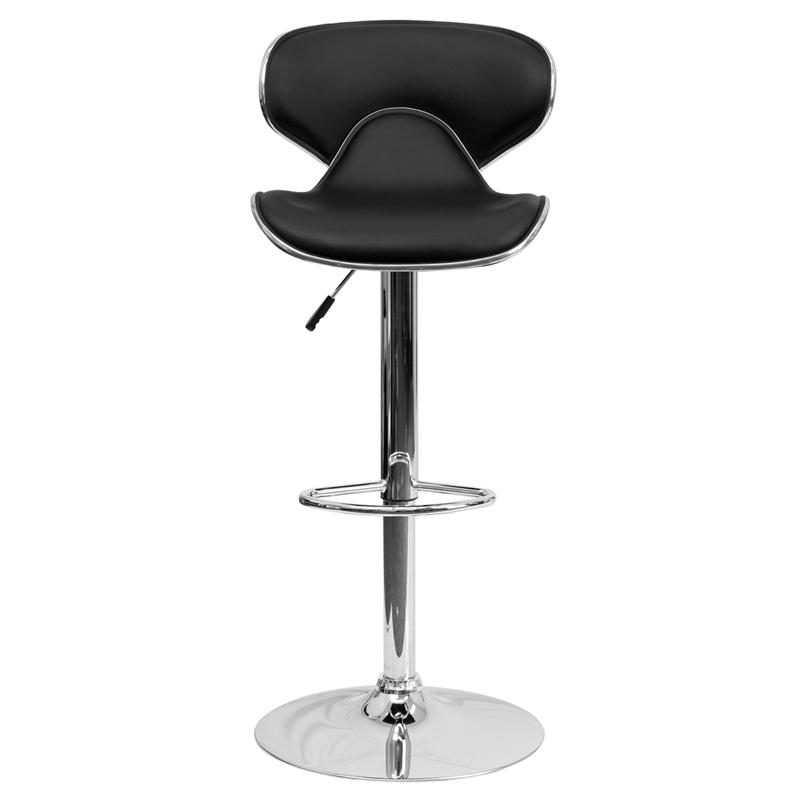 Cozy Mid-Back Black Vinyl Adjustable Height Barstool with Chrome Base. Picture 4