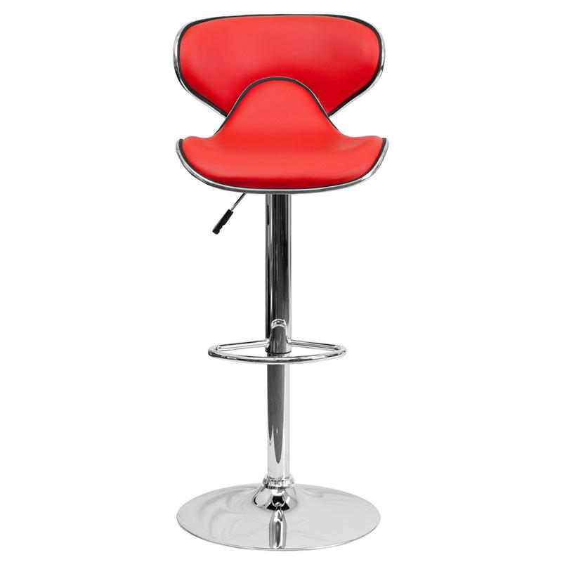 Contemporary Cozy Mid-Back Red Vinyl Adjustable Height Barstool with Chrome Base. Picture 4