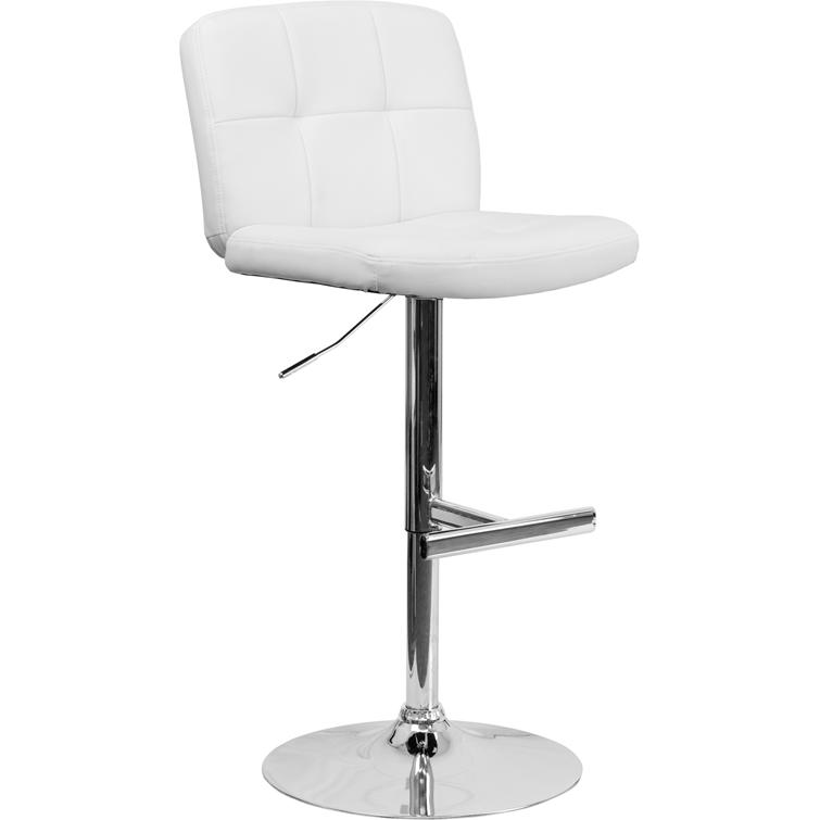 Contemporary White Vinyl Adjustable Height Barstool with Square Tufted Back and Chrome Base. Picture 1