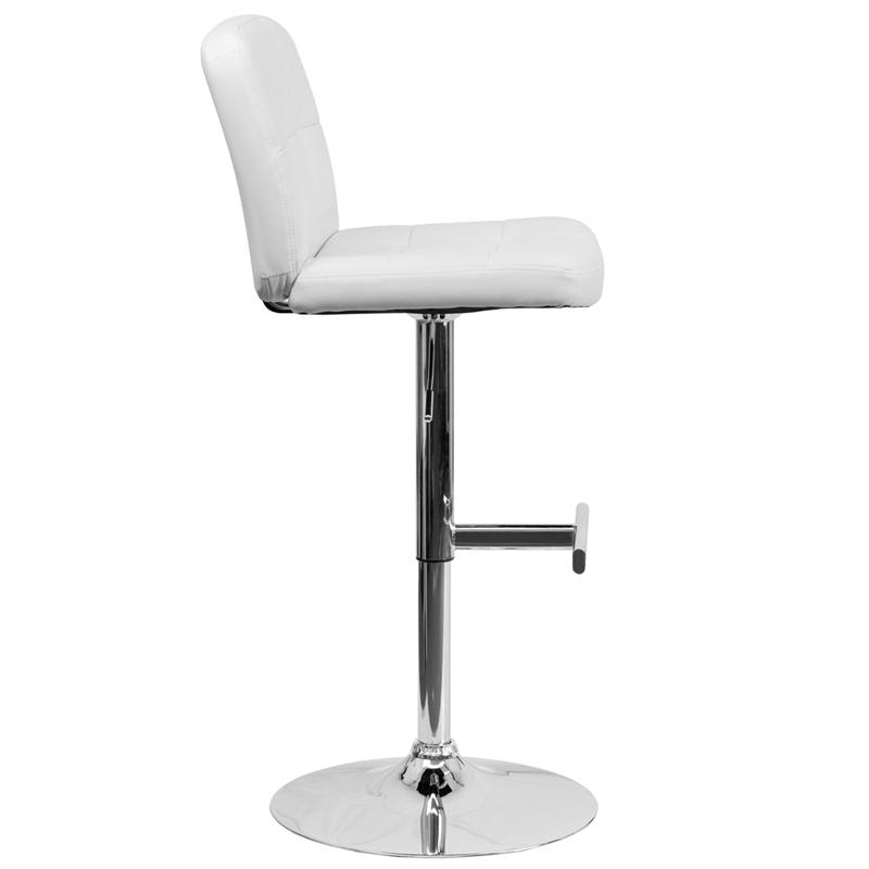 Contemporary White Vinyl Adjustable Height Barstool with Square Tufted Back and Chrome Base. Picture 2