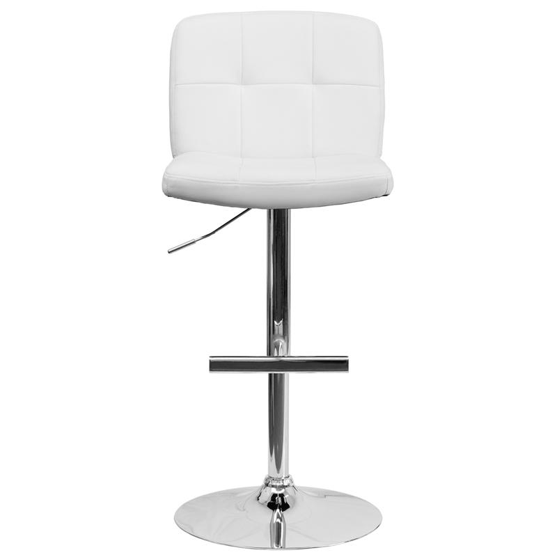 Contemporary White Vinyl Adjustable Height Barstool with Square Tufted Back and Chrome Base. Picture 4