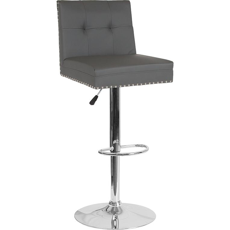 Ravello Contemporary Adjustable Height Barstool with Accent Nail Trim in Gray LeatherSoft. Picture 1