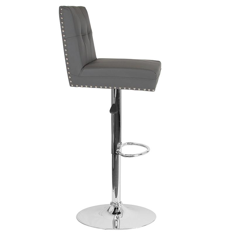 Ravello Contemporary Adjustable Height Barstool with Accent Nail Trim in Gray LeatherSoft. Picture 2