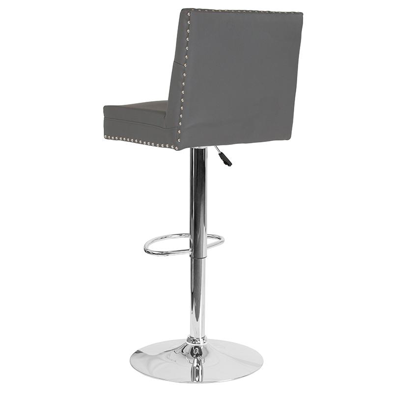 Ravello Contemporary Adjustable Height Barstool with Accent Nail Trim in Gray LeatherSoft. Picture 3