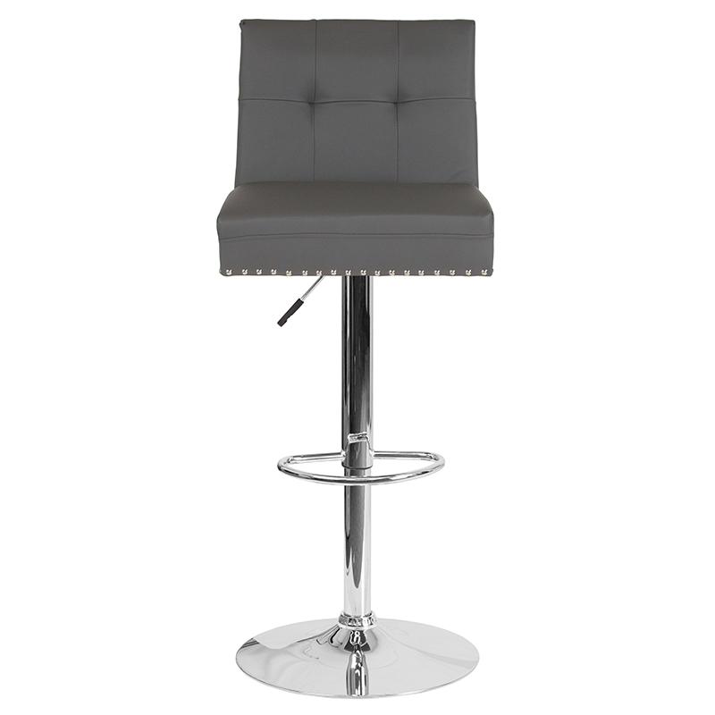 Ravello Contemporary Adjustable Height Barstool with Accent Nail Trim in Gray LeatherSoft. Picture 4