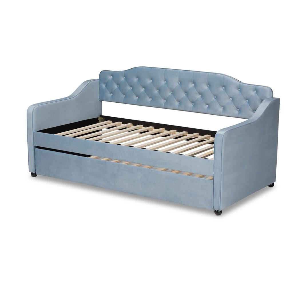 Baxton Studio Freda Traditional and Transitional Light Blue Velvet Fabric Upholstered and Button Tufted Twin Size Daybed with Trundle. Picture 4