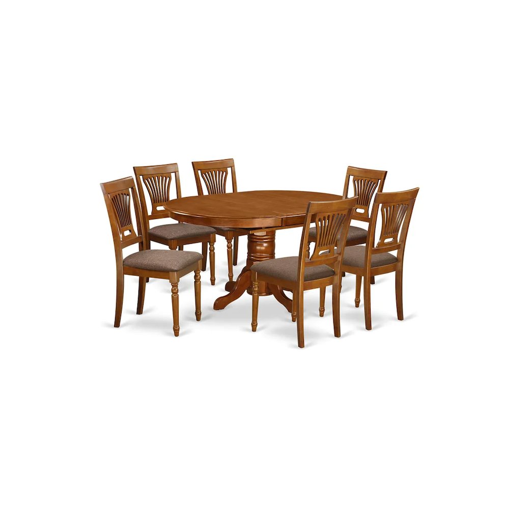 AVPL7-SBR-C 7 PcAvon Dining Table featuring Leaf and 6 Fabric Seat Chairs in Saddle Brown .. Picture 1