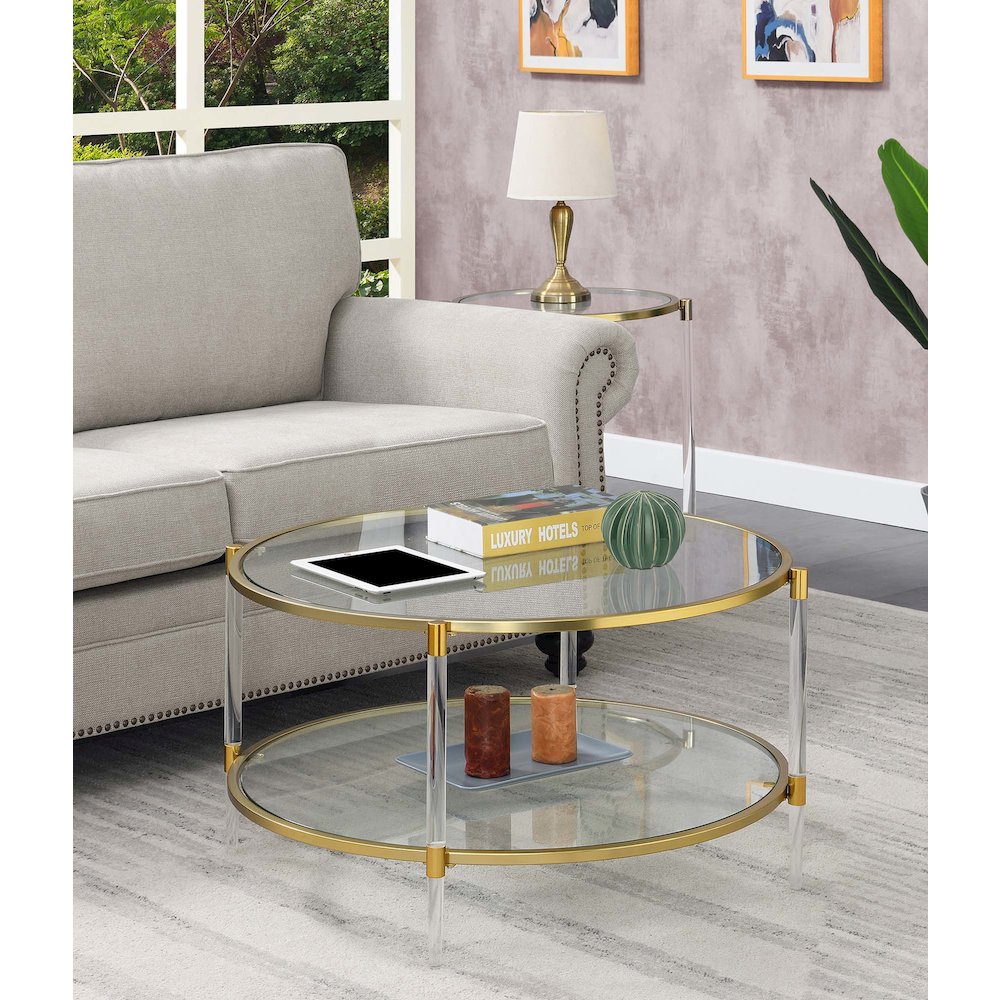 Royal Crest Acrylic Glass Coffee Table, Clear/Gold. Picture 3