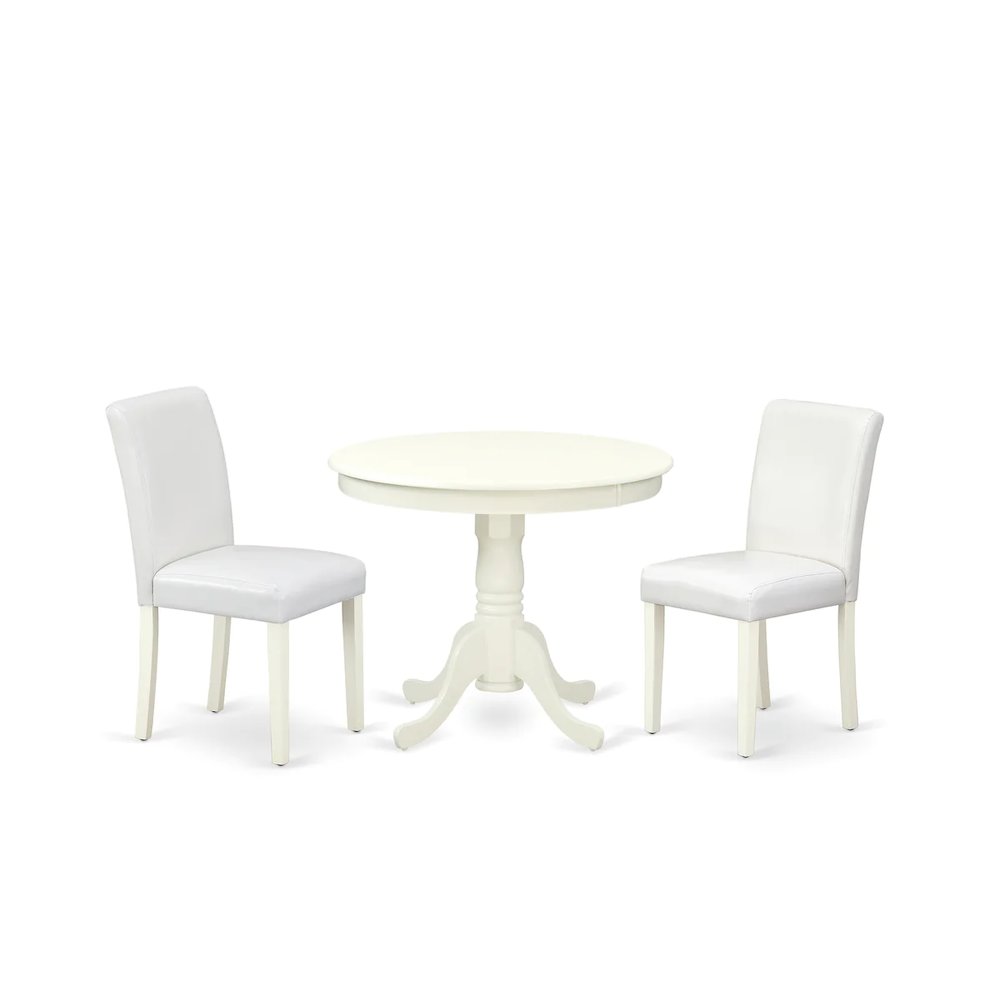 3 Piece Modern Dining Table Set Contains a Round Kitchen Table with Pedestal and 2 White Faux Leather Upholstered Chairs, 36x36 Inch, Linen White. Picture 1