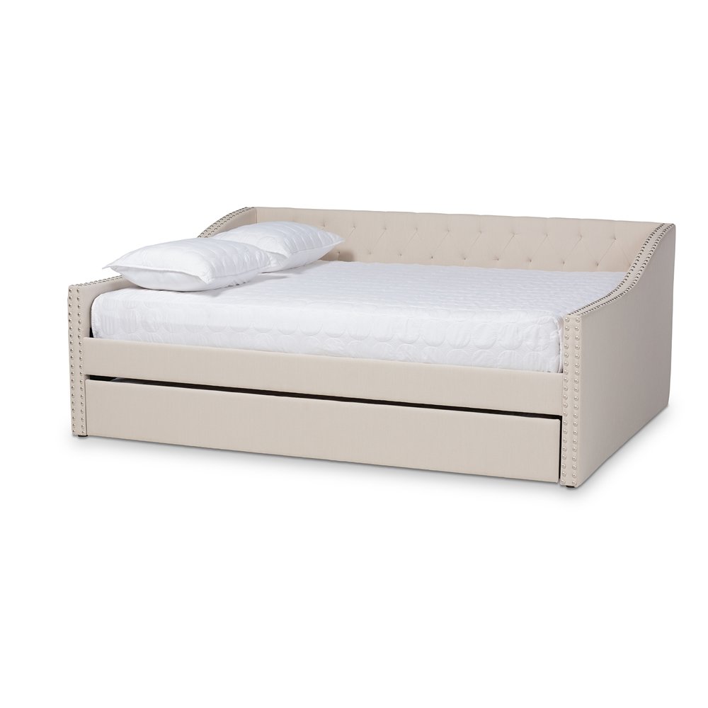 Baxton Studio Haylie Modern and Contemporary Beige Fabric Upholstered Full Size Daybed with Roll-Out Trundle Bed. Picture 1
