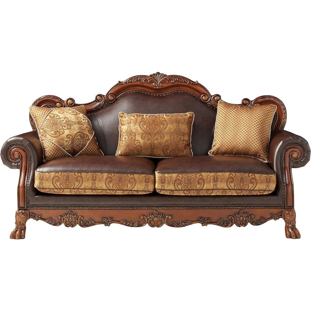 Sofa (w/3 Pillows), Brown PU & Chenille, Cherry Oak 15160. Picture 2