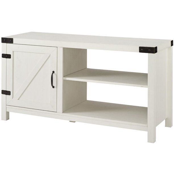 44" Asymmetrical Barn Door Farmhouse TV Stand - Brushed White. Picture 1