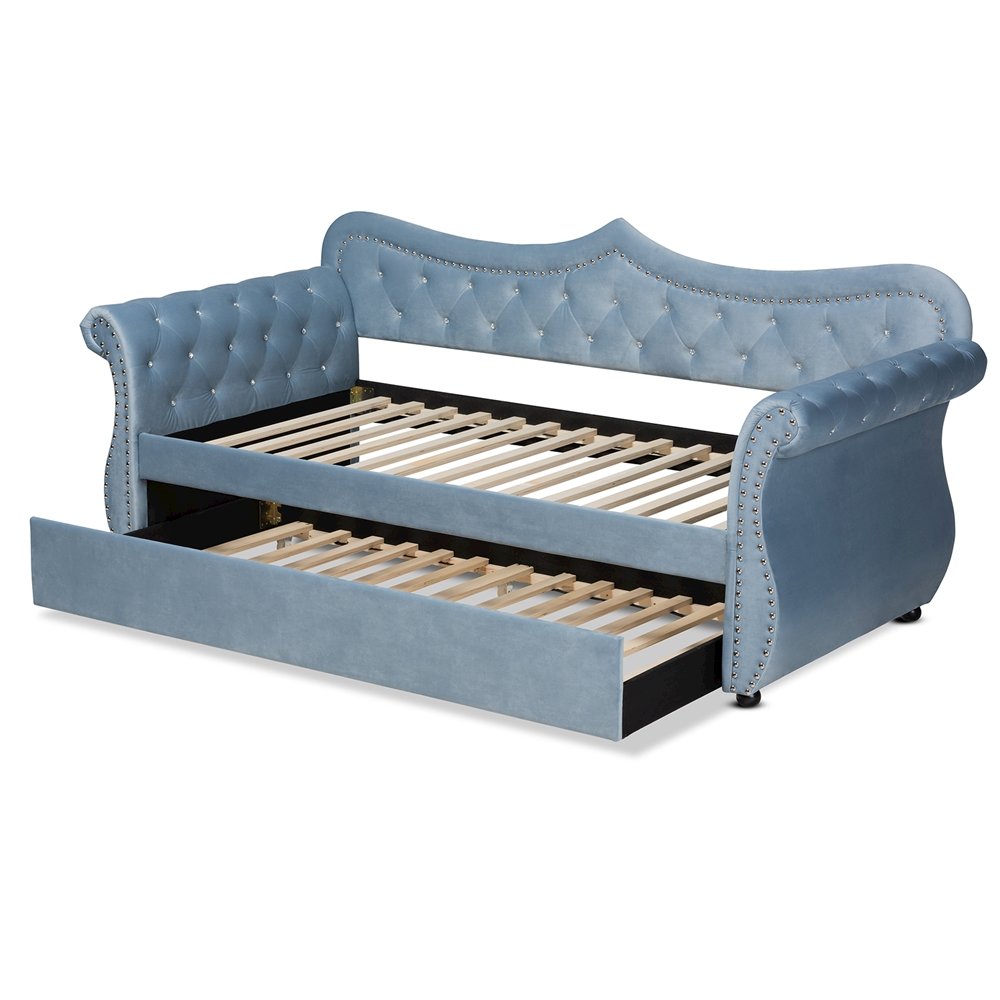 Baxton Studio Abbie Traditional and Transitional Light Blue Velvet Fabric Upholstered and Crystal Tufted Twin Size Daybed with Trundle. Picture 2
