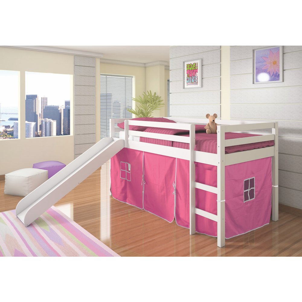 TWIN PANEL LOW LOFT BED WITH SLIDE IN TWO-TONE GREY/WHITE FINISH & PINK TENT KIT. Picture 1