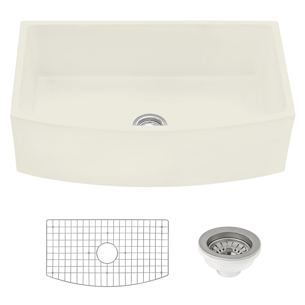Ruvati 33 inch Fireclay Curved Front Apron Farmhouse Kitchen Sink Single Bowl - Biscuit - RVL2398BS. Picture 3